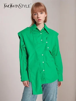 TWOTWINSTYLE, однотонная дизайнерская рубашка для женщин, однобортные повседневные рубашки в стиле пэчворк с длинным рукавом и лацканами, модная женская одежда