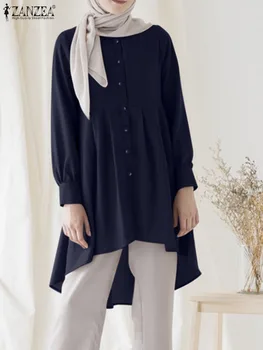 2023 ZANZEA Модная Осенняя Мусульманская Рубашка Абайя Топы Хиджаб Исламская Одежда Mujer Женская Асимметричная Блузка С Отворотом И Длинным Рукавом