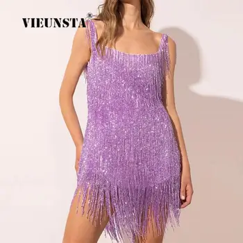 Модное тонкое блестящее платье с круглым вырезом, сексуальное коктейльное платье с пайетками и кисточками, летнее женское мини-платье без рукавов для банкета 2023 года,