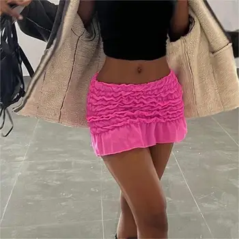 Новые модные женские летние мини-уличные юбки, розовые юбки с рюшами на резинке с высокой талией для клуба, приятная для кожи горячая распродажа