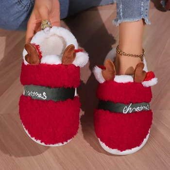 Женские рождественские домашние тапочки с изображением лося, теплые пушистые тапочки на толстой подошве, удобная мягкая обувь с оленями для дома в помещении