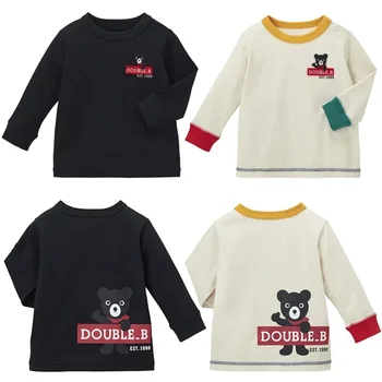 Осень 2023 года, майка Miki Kids с рисунком черного медведя в японском стиле для мальчиков в цветном блоке, футболка с длинным рукавом и круглым вырезом
