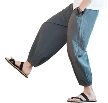 Большие размеры M-6XL 7XL Хлопчатобумажные льняные Шаровары, Мужские Спортивные штаны Для бега Трусцой, Летние шаровары большого размера с широкими штанинами