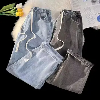 Широкие джинсовые брюки Широкие Джинсовые Брюки для Мужчин с эластичной резинкой на талии и завязками Брюки с карманами Свободного кроя Прямые для