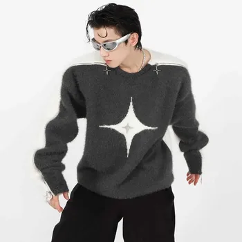 Y2K Винтажный вязаный свитер с черной звездой, Мужской вязаный джемпер Harajuku Color Block, Женский Ретро-пуловер с вырезом лодочкой и открытыми плечами, унисекс