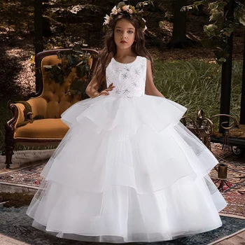 детская одежда от 4 до 14 лет, расшитое блестками пышное платье для торта, платье принцессы для девочек, Газовое кружевное вечернее платье для девочек