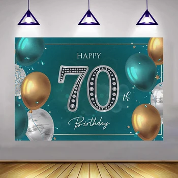 Ткань С 70-летием со Дня рождения Золотисто-голубые воздушные шары Фон для фотосъемки Баннер для празднования годовщины семейной вечеринки
