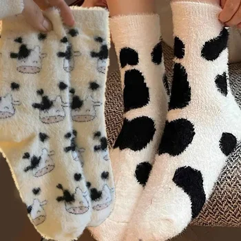 1/2 пары зимних теплых носков с пушистым рисунком Коровы, плюшевые носки с молочными пятнами, утолщенные, мягкие, милые, удобные носки средней длины