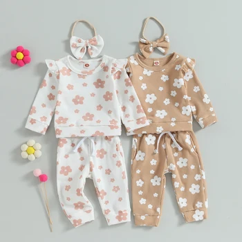 Вафельный наряд для новорожденной девочки, толстовка с длинными рукавами и цветочным принтом, штаны, осенне-весенняя одежда для девочки, комплекты Sweety Baby из 3 предметов