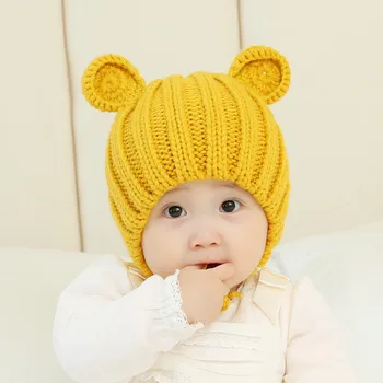 Детская шапочка, осенне-зимняя милая вязаная шапочка для мальчиков и девочек, детские шерстяные ушки с медвежьими ушками, теплая детская шапочка