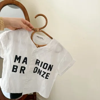 Детская рубашка 2023, летняя новинка, рубашка с круглым вырезом и коротким рукавом для мальчиков и девочек, детская рубашка с надписью, пальто