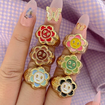 Корейские милые кольца с эмалевым цветком на палец для женщин, Креативные Красочные Круглые Геометрические кольца с улыбкой на лице, Модные украшения, подарок для вечеринки