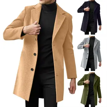 Мужское пальто с лацканами, мужское шерстяное пальто, стильный однобортный костюм средней длины с лацканами, пальто с боковыми карманами, однотонное зимнее изделие