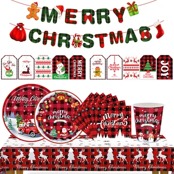 1 комплект рождественской клетчатой посуды, коробка, Санта-Клаус, красно-белые бумажные стаканчики, тарелка для украшения стола для рождественской домашней вечеринки