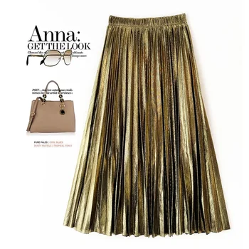 Европейская юбка с золотистым металликом, Модная дизайнерская Женская плиссированная юбка средней длины, Женские базовые длинные юбки