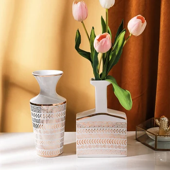 Керамическая ваза в скандинавском стиле с золотым орнаментом, креативное украшение дома, современная минималистичная ваза для цветов в гостиной