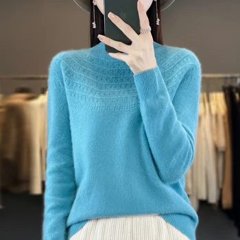 Осенне-зимний новый 100% шерстяной кашемировый свитер, женский пуловер с полувысоким вырезом, вязаный свитер для отдыха, полый модный топ