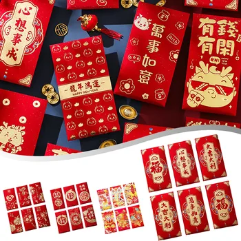 6 штук Красных конвертов для Весеннего фестиваля 2024 года Год Дракона Китайский Новый Год Мешок с деньгами на Удачу Красные пакеты Декор в Лунный год