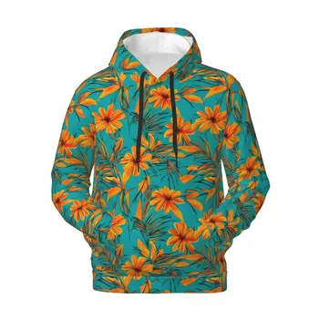 Свободные толстовки с тропическим цветочным рисунком, Мужские Оранжевые цветы, Уличная одежда, пуловер с капюшоном, осенние винтажные графические толстовки большого размера