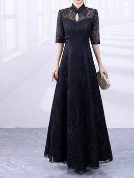 Классическое вечернее платье с рукавом-стойкой в китайском стиле на пуговицах до половины рукава, Изысканная Кружевная вышивка, халат с ремешком Vestidos с высокой талией