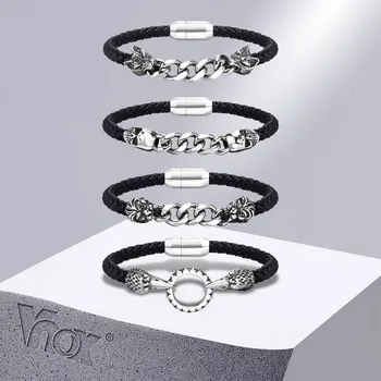 Vnox, Новые готические браслеты с двойными волчьими головами для мужчин, черные плетеные браслеты с кубинской цепочкой из нержавеющей стали