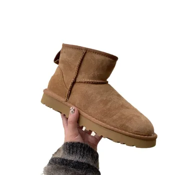 Зима 2024, женские зимние ботинки на плоской подошве, классические повседневные модные однотонные короткие ботинки из овечьей шерсти