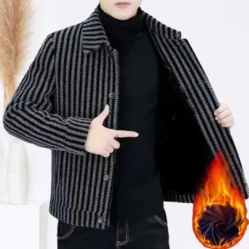 Куртка с отворотом, плотное теплое полосатое мужское пальто-кардиган с отложным воротником, длинный рукав, плюс размер, средняя длина, для зимы