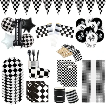 1 комплект черно-белой клетчатой скатерти для гоночной тематической вечеринки Одноразовая посуда для детского дня рождения, украшения для душа ребенка
