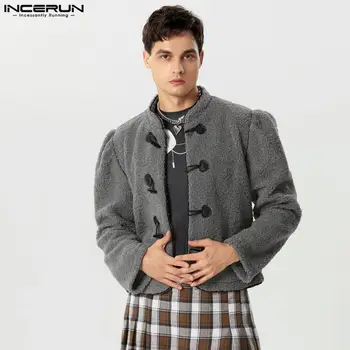 2023 Мужские куртки с плюшевым воротником-стойкой в стиле пэчворк, длинный рукав, мужские пальто на пуговицах, уличная модная повседневная верхняя одежда S-5XL INCERUN