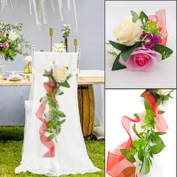 Знаки для свадебных стульев, Искусственные цветы, Роза с шифоновыми лентами для свадебной церемонии, Украшение церковного стула и скамейки