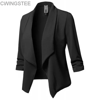 Женские черные тонкие блейзеры, пальто-кардиган 2023, женские блейзеры и куртки с длинным рукавом, асимметричный повседневный деловой костюм с рюшами, леди
