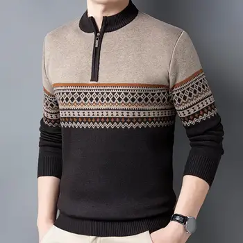 Легкий мужской пуловер, свитер, винтажный полосатый вязаный мужской свитер с круглым вырезом на молнии, толстый, теплый на зиму
