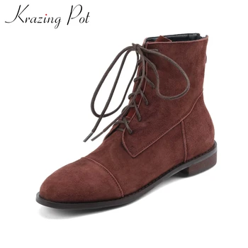 Krazing Pot / 2023 Новые поступления, ботинки Челси из овечьей замши с круглым носком на шнуровке на среднем каблуке, офисные женские милые теплые зимние ботильоны