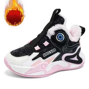 Зимняя плюшевая теплая детская хлопчатобумажная обувь, Баскетбольная обувь для мальчиков, Повседневная обувь для бега для девочек, Модные детские кроссовки