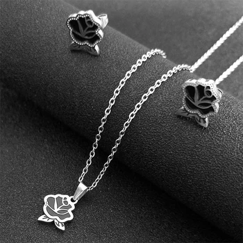 Готический кулон Rosa, ожерелье, серьги-гвоздики, набор для женщин, Цвет щепки из нержавеющей стали, Эстетические наборы ювелирных украшений на цепочке, подарок SXS07