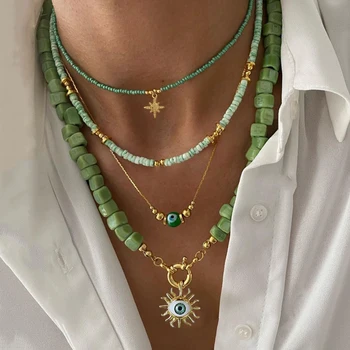 Новейшее Маленькое ожерелье из бисера из свежего зеленого камня из медного сплава, Подвеска Bigeville Eye, украшение для женщин, подарок на День рождения Gilrs
