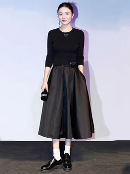Новый модный женский юбочный комплект от дизайнера, вязаный топ, юбка-полукомбинезон, французский костюм для официальных мероприятий, Элегантный высококачественный черный костюм-двойка