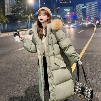 2023 Зимняя Пуховая Стеганая куртка Парки с утепленным длинным капюшоном Женское Свободное пальто с большим меховым воротником R239