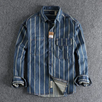 Осенняя Новая тканая на заказ джинсовая рубашка в полоску, застиранная, подержанная, мужской стиль работы, молодежный тренд американского ретро