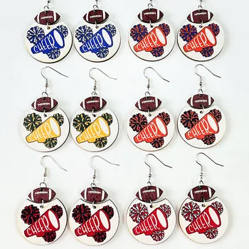 Горячие ювелирные изделия для черлидинга, разноцветные футбольные серьги с геометрическим деревянным принтом, подбадривающие для женщин и девочек