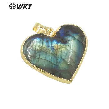 WT-P1726 Удивительный Новый Натуральный сверкающий лабрадоритовый кулон в виде сердца, позолоченный камень, ювелирные изделия в виде сердца, ожерелье, подвеска