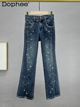 Женские брюки с разрезными джинсами, весна и осень 2023, новые эластичные брюки с высокой талией, изысканные женские брюки с вырезами из страз