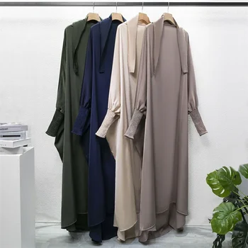 Мусульманская Абая, Цельнокроеное молитвенное платье с капюшоном и длинными рукавами, Женский Джилбаб, Исламская одежда, Дубайский Саудовский Черный халат, Турецкая скромность
