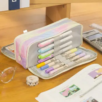 Сумка для карандашей градиентного цвета, трехслойная сумка для ручек градиентного цвета, вместительная переносная сумка на молнии для девочек-студенток, идеальная школа