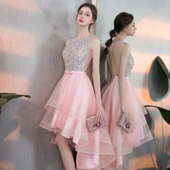 Весенне-летнее Розовое короткое платье для леди и девочек, платье принцессы для банкета, платья из тюля с блестками