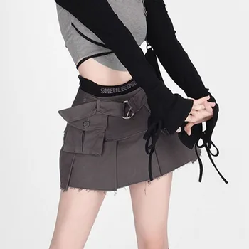 Женская джинсовая юбка American Tooling, Винтажные Серые мини-юбки с высокой талией, Женская Летняя мода 2023 года с карманами на поясе, Плиссированная юбка