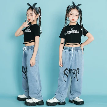 Уличная одежда для девочек-подростков, детская одежда в стиле хип-хоп, укороченные топы, футболка, джинсовые брюки для ребенка, джазовый танцевальный костюм, одежда