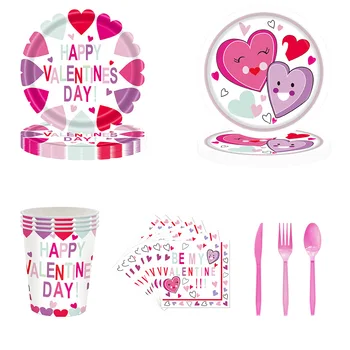 Набор посуды для вечеринки в честь Дня Святого Валентина из 24 гостевых бумажных тарелок, Стаканов для салфеток, пластиковых вилок, ножей, ложек, праздничных принадлежностей