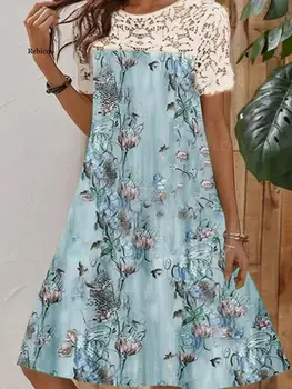 Элегантное кружевное платье в стиле пэчворк с цветочным принтом, Летнее модное плиссированное пляжное платье с круглым вырезом, Женское повседневное свободное платье с коротким рукавом