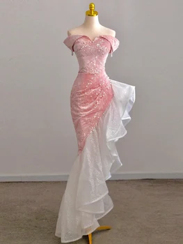 Роскошное розовое вечернее платье с открытыми плечами, без бретелек, с блестками и оборками, облегающие банкетные платья, шикарные платья для свадебной вечеринки